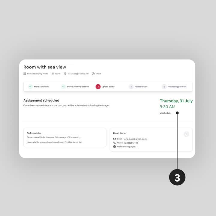 Capture d'écran de l'interface d'une mission Airbnb affichant un envoi programmé de fichiers pour la mission Chambre avec vue sur la mer, dont la date est fixée au jeudi 31 juillet à 9 h 30. Les informations sur l'hôte et le contenu à livrer sont affichés en dessous.