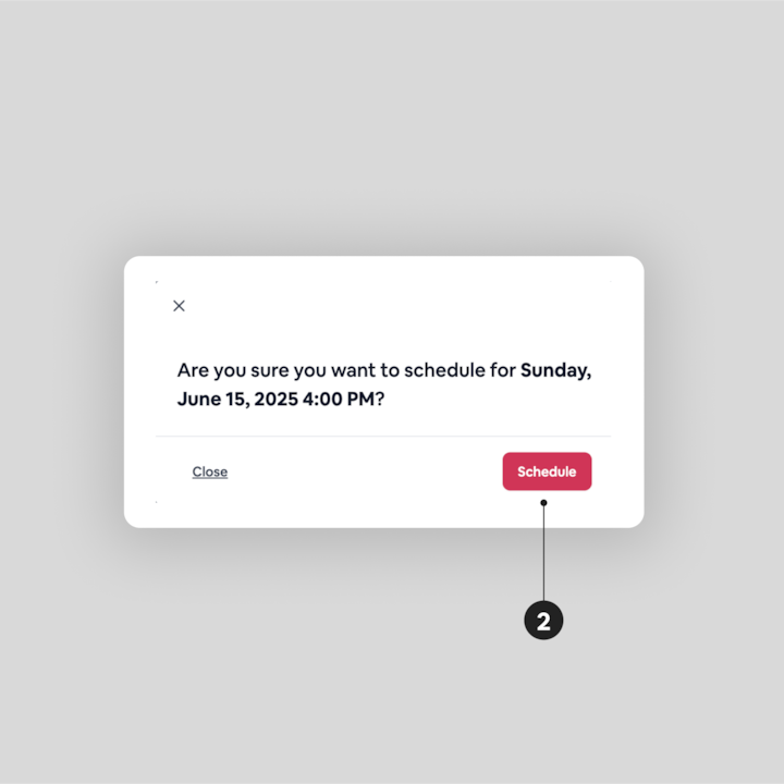 Un message contextuel de confirmation demandant : « Voulez-vous vraiment choisir le dimanche 15 juin 2025 à 16 h ? » avec les options Fermer ou Programmer (bouton rouge).