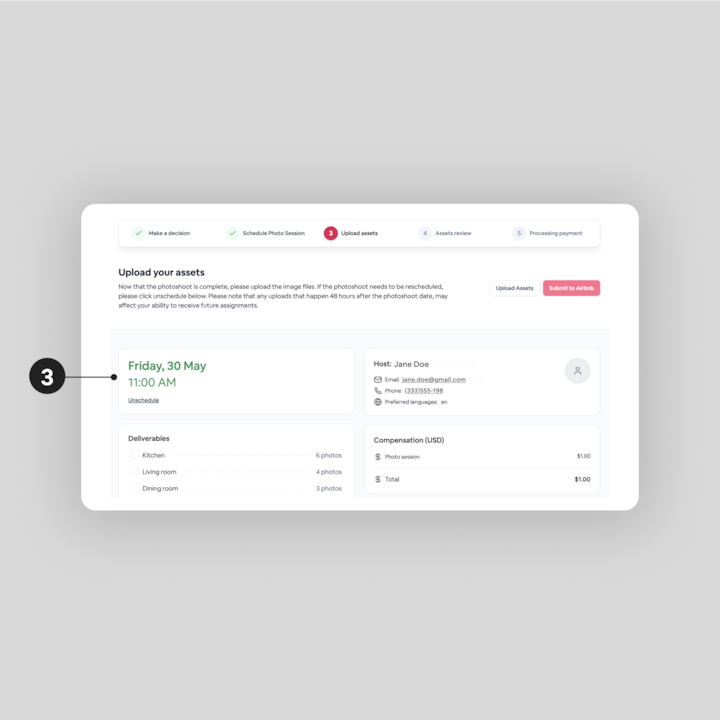 L'interface Airbnb affiche l'étape Envoi des fichiers. L'écran affiche une séance photo prévue le vendredi 30 mai à 11 h, avec les critères relatifs au contenu à livrer pour les différentes pièces, les informations sur l'hôte et la rémunération totale de 100 dollars US.