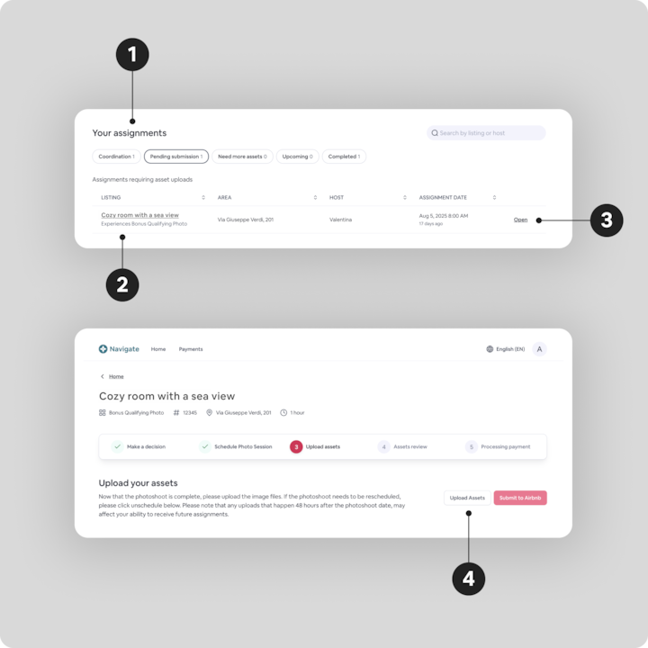 Deux captures d'écran de la plateforme Airbnb Navigate montrant le processus de transfert de fichiers après une séance photo : la première montre la page Your assignments (Vos missions) mettant en évidence un envoi en attente, et la seconde montre la page Upload your assets (Transférer vos fichiers) avec des boutons pour transférer des fichiers et les envoyer à Airbnb.
