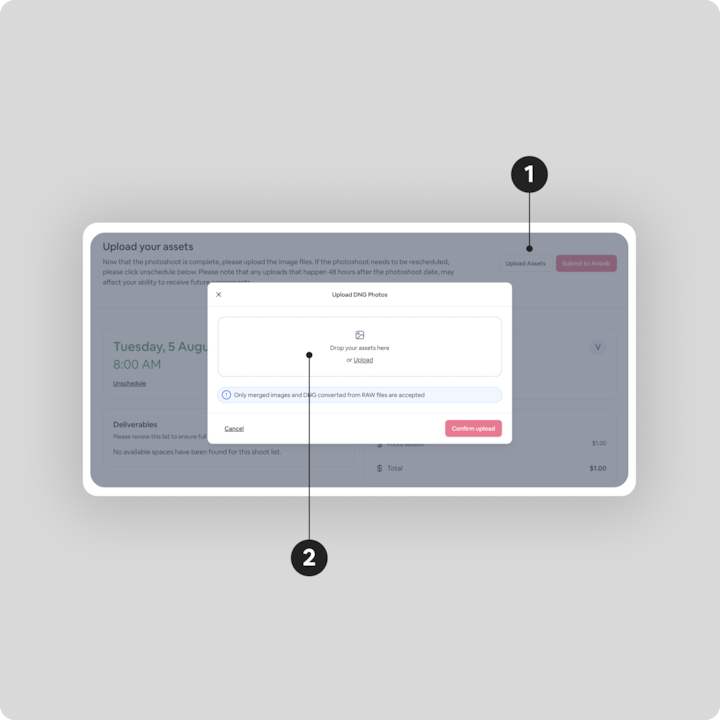 Une capture d'écran de l'interface Airbnb Navigate affichant la fenêtre contextuelle Upload DNG Photos (Télécharger des photos au format DNG) avec des options pour glisser-déposer des fichiers ou cliquer sur Upload (Transférer), ainsi qu'une note indiquant que seules les images fusionnées et les fichiers DNG convertis à partir de fichiers RAW sont acceptés.