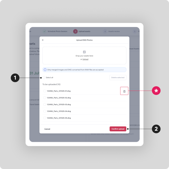 Une fenêtre modale sur une interface Airbnb affichant l'écran Upload DNG Photos (Envoyer des photos au format DNG). Elle comprend des options pour glisser-déposer des fichiers, sélectionner tous les fichiers, supprimer les fichiers sélectionnés et confirmer le transfert. Une icône de corbeille est mise en évidence pour montrer la fonction Supprimer, avec un bouton rouge Confirm upload (Confirmer le transfert) en bas.