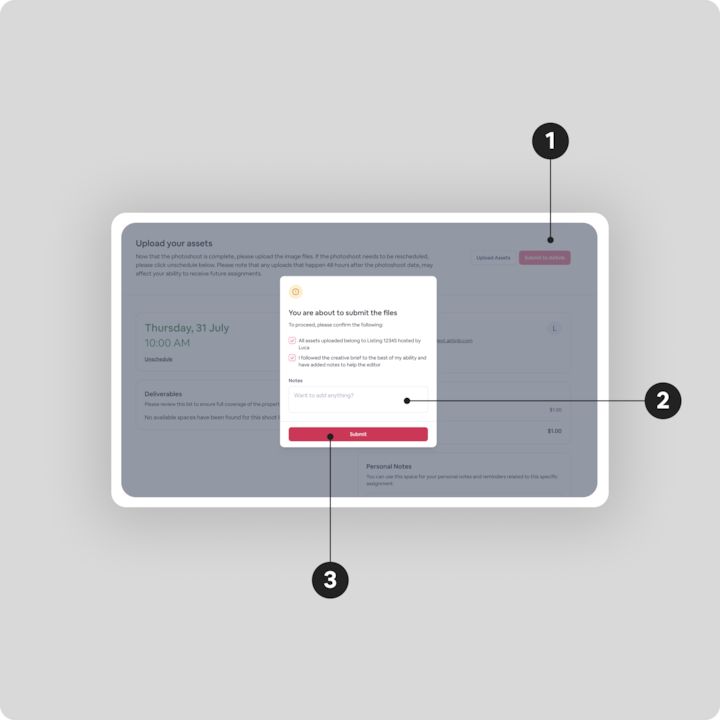 Une fenêtre contextuelle sur une interface Airbnb invitant les utilisateurs à confirmer l'envoi des fichiers, avec des cases à cocher pour la confirmation du transfert, le respect de la qualité et les notes de la personne chargée du traitement des images, ainsi qu'un champ pour des notes supplémentaires et un bouton rouge Submit (Envoyer).