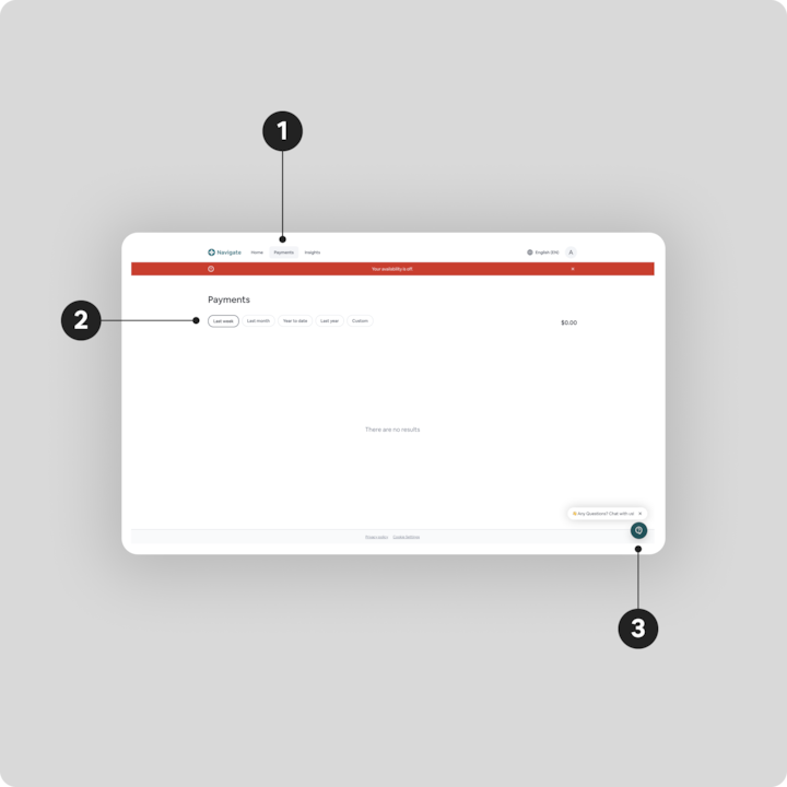 Capture d'écran du tableau de bord des paiements Airbnb, mettant en évidence l'onglet de navigation Paiements, les options de filtre de date et le bouton d'assistance par agent virtuel.