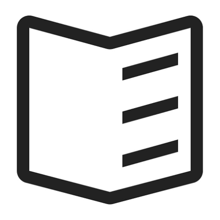 Une illustration minimaliste en noir et blanc d'un livre ouvert avec trois lignes horizontales sur une page, symbolisant un guide ou des ressources.