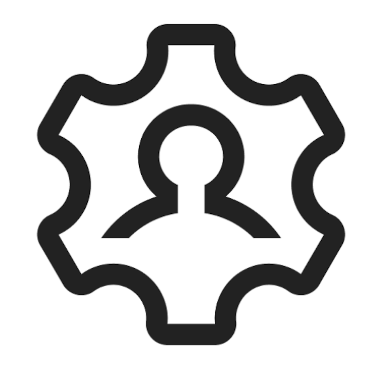 Icône représentant la silhouette d'une personne au centre d'un engrenage, symbolisant les ressources utiles pour l'intégration ou pour faire ses premiers pas.