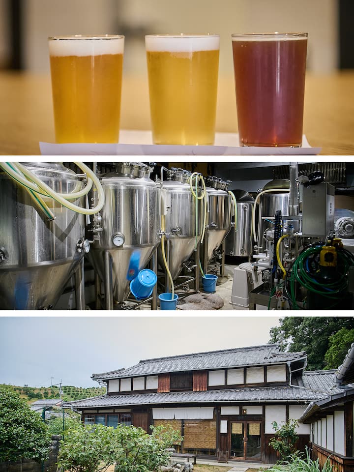 Three glasses of beer with varying colors from pale yellow to amber, large stainless steel brewing tanks in a brewery, and a traditional Japanese building surrounded by greenery.