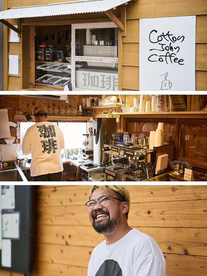 A small wooden coffee shop with a handwritten sign reading 'Cotton John Coffee' next to its service window, displaying various coffee items inside.