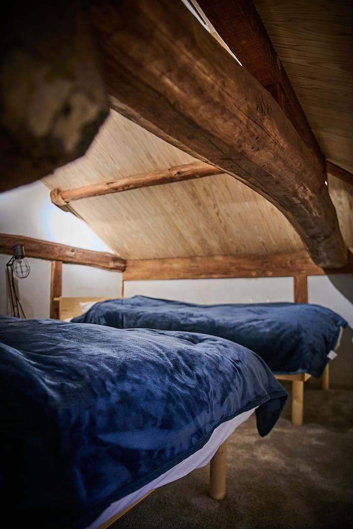 Two twin beds with blue bedding under a wooden ceiling in a rustic Japanese-style room.
