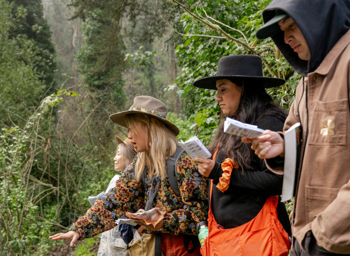 Un groupe de personnes participe à une expérience en plein air animée par un hôte local. Elles sont entourées d'une végétation luxuriante, et tiennent des cartes et des guides.