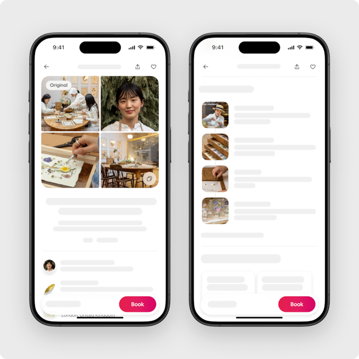 Deux écrans de smartphone affichent une interface Airbnb présentant une activité d'expérience. L'écran de gauche montre un collage d'images comprenant un atelier d'artisanat avec des personnes qui peignent, un espace de restauration chaleureux et un gros plan d'une œuvre d'art en cours de création. L'écran de droite met en évidence une liste d'expériences avec des images miniatures et un bouton « Réserver ».