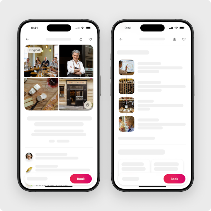 Deux écrans de smartphone affichent une annonce d'expérience de dégustation de vin sur Airbnb. L'écran de gauche montre un collage d'images, dont un bar à vin, du fromage et du pain sur une planche en bois, des verres à vin et l'extérieur d'un bâtiment portant la mention « Dégustation de vin à Paris ». L'écran de droite affiche des détails supplémentaires sur la réservation, notamment des photos de bouteilles de vin, des cartes et des personnes participant à l'expérience.