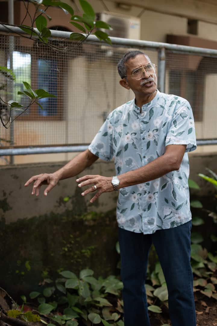 A person wearing a floral short-sleeved shirt and jeans stands near greenery in an outdoor setting, gesturing with their arms extended.
