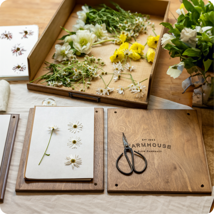 Un espace de travail avec des marguerites pressées sur du papier blanc, des ciseaux et des fleurs fraîches disposées sur un plateau en bois, illustrant un atelier créatif pratique.