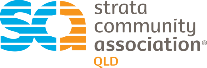 Logo of Strata Community Association Queensland featuring a stylized 'SCA' with blue and orange stripes next to the text 'strata community association QLD' in gray and orange.