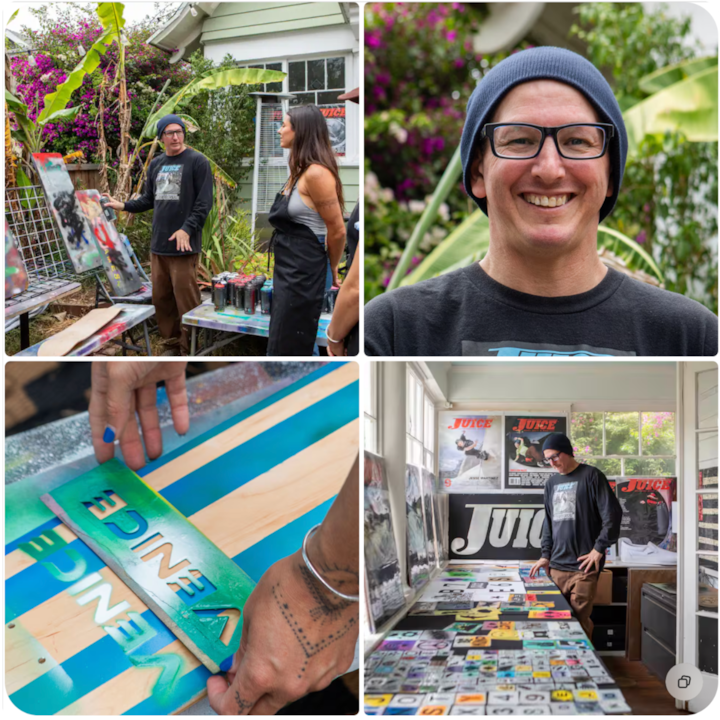 Gros plan sur des mains qui créent un pochoir sur une planche en bois, à l'aide d'une peinture aérosol éclatante, avec le mot « Venice » haut en couleur.