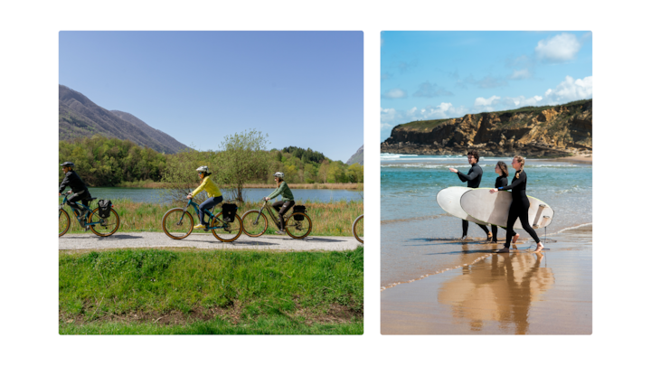 Des cyclistes profitent d'une piste aménagée au bord d'un lac entouré d'herbe et d'arbres, et des surfeurs se préparent à entrer dans l'eau sur une plage ensoleillée avec des falaises et un ciel dégagé.