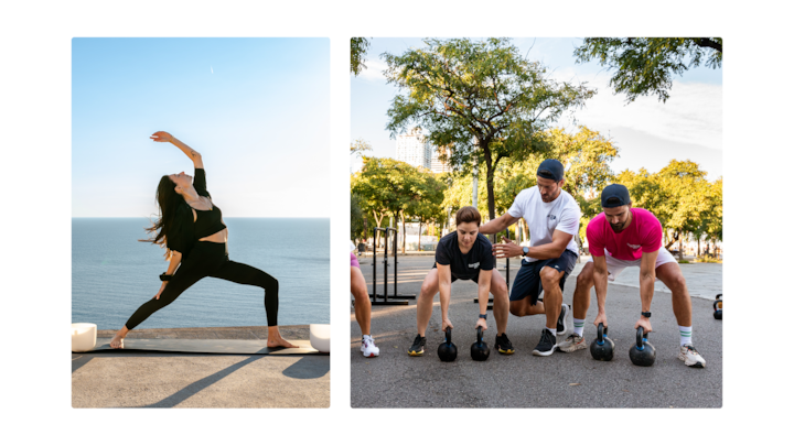 Une femme faisant du yoga et prenant la posture du guerrier sur un toit avec une vue panoramique sur l'océan en arrière-plan, sous un ciel bleu clair.