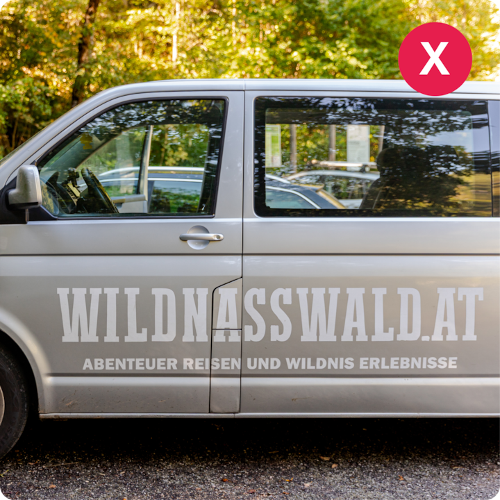 Un van argenté garé avec le texte « WILDNASSWALD.AT Abenteuer Reisen und Wildnis Erlebnisse », dans un cadre boisé.