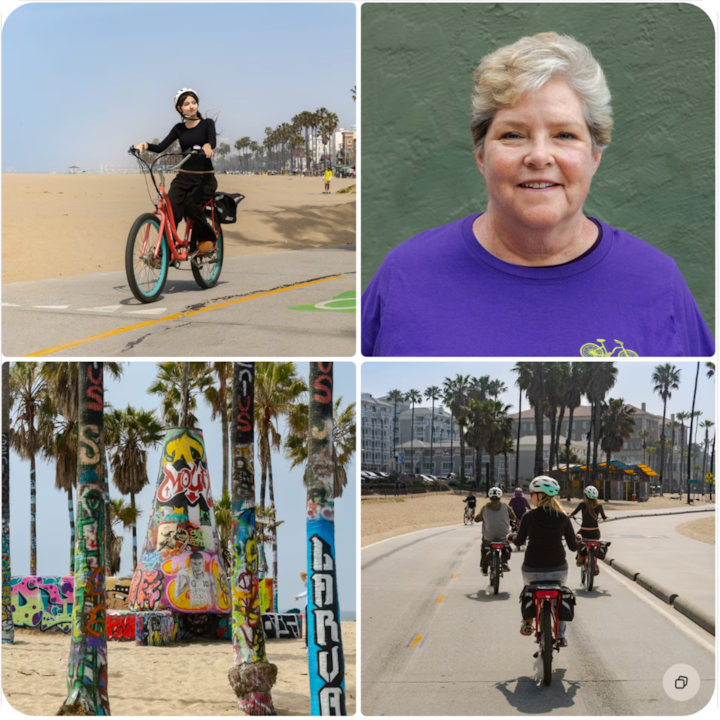 Un groupe de personnes fait du vélo sur une piste goudronnée près de la plage, avec des palmiers et des bâtiments à côté.
