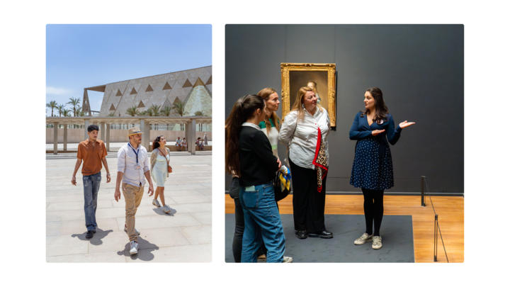 Deux scènes : des personnes explorant l'extérieur d'un musée à l'architecture minimaliste sous un temps ensoleillé, et un guide en pleine discussion avec les visiteurs au sujet d'une peinture encadrée à l'intérieur d'une galerie faiblement éclairée.