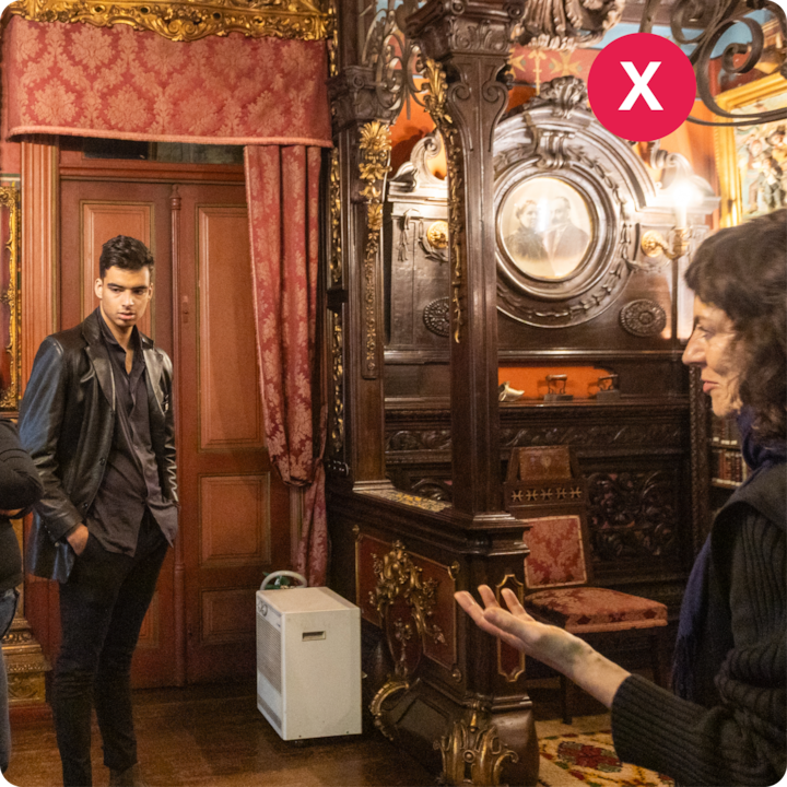 L'intérieur d'un musée présentant une structure en bois finement sculptée avec des touches dorées, une tenture de porte rouge et une ambiance historique.
