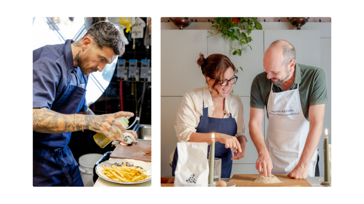 Un chef vêtu d'un tablier bleu verse de l'huile sur une assiette de frites et d'accompagnements dans une cuisine professionnelle, mettant en valeur une expérience culinaire pratique.