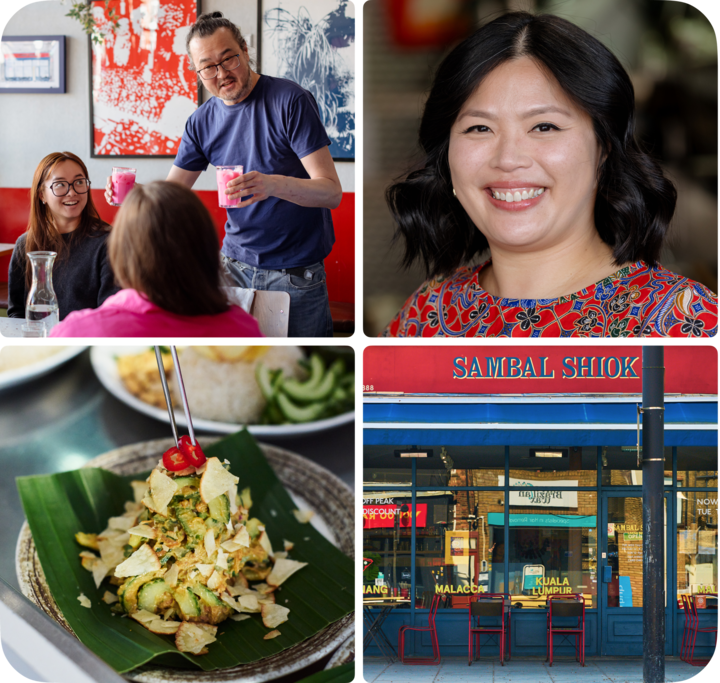 Les moments forts d'un voyage gastronomique : une table de personnes dégustant ensemble des boissons, une vue détaillée d'un plat de style malaisien garni d'un piment rouge, et une photo de la façade du restaurant avec une décoration rouge et bleue accueillante.