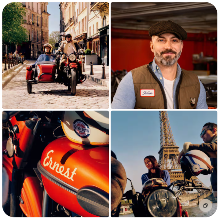 Deux personnes sur une moto vintage avec un side-car devant la tour Eiffel en plein jour, lors d'une visite en voiture de Paris.