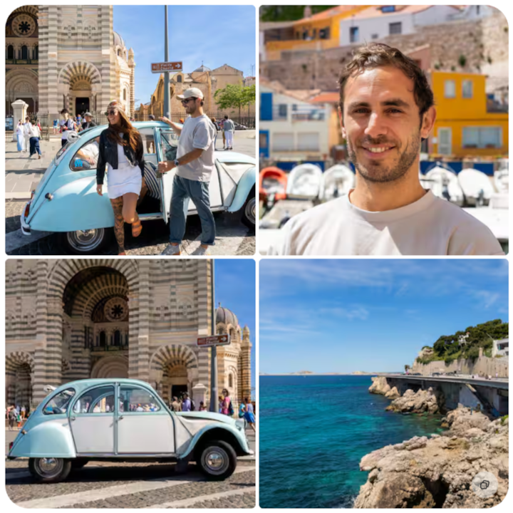 Une côte rocheuse avec de l'eau turquoise près d'une route pittoresque, et une voiture vintage garée devant une cathédrale à l'architecture très travaillée.