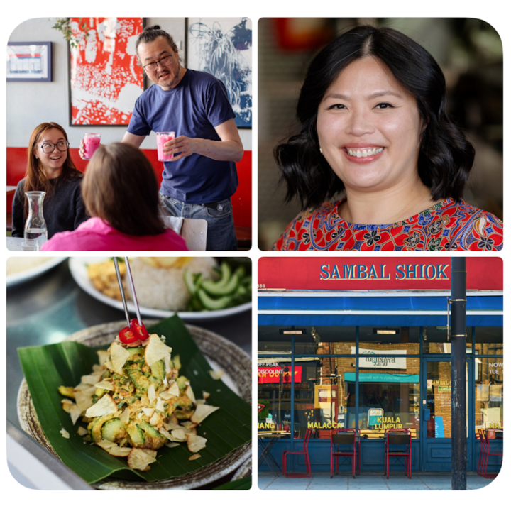 Une visite gastronomique avec un groupe qui dîne dans un restaurant chaleureux, un plat coloré servi sur une feuille de bananier garni de piments rouges, et l'extérieur de Sambal Shiok, un restaurant d'inspiration malaisienne au décor rouge et bleu.