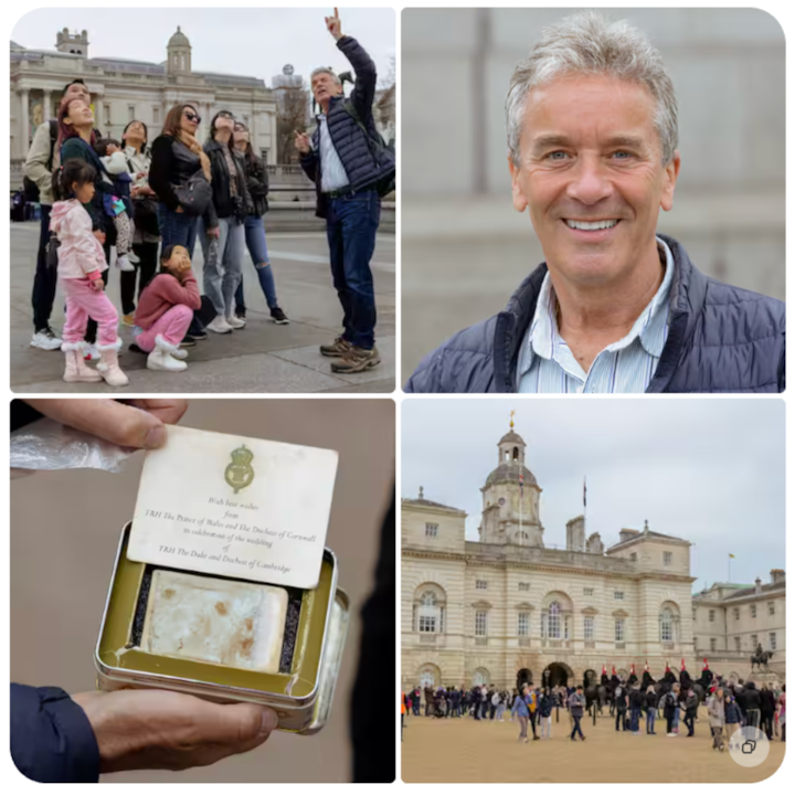 Un groupe de visiteurs se rassemble devant un grand bâtiment historique avec une tour d'horloge, dans le cadre d'une visite à pied.