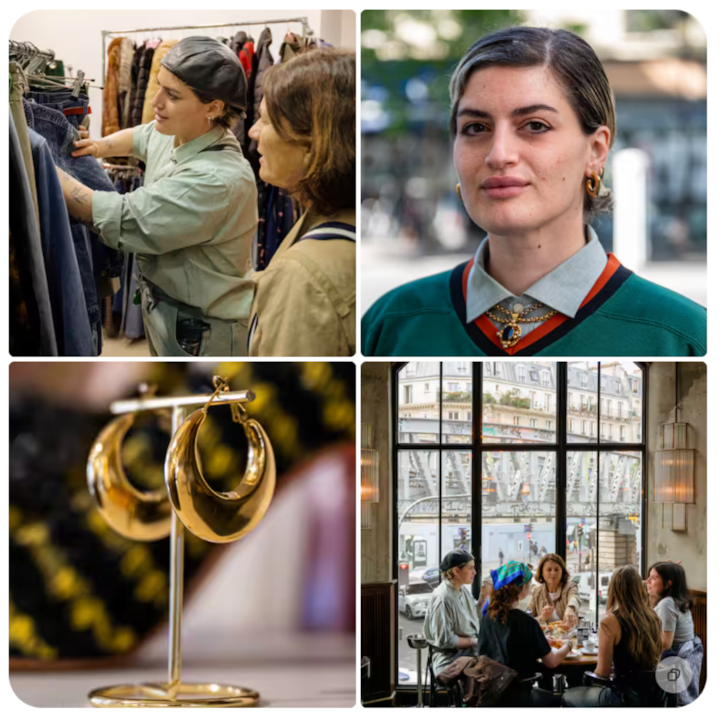 Une paire de créoles en or est présentée sur un support, mettant en valeur des bijoux locaux sélectionnés dans une boutique.