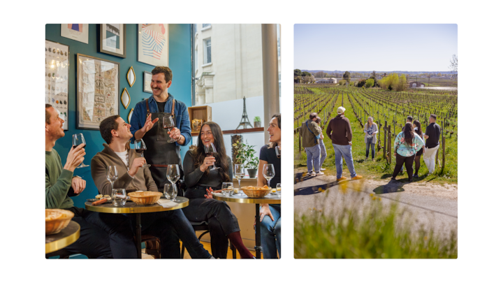 Un petit groupe de personnes est rassemblé autour d'un guide, avec des rangées de vignes ensoleillées s'étendant au loin.