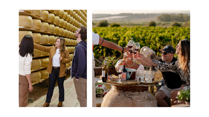 Deux scènes : à gauche, des personnes en pleine discussion dans une cave à fromage, devant des étagères de meules de fromage ; à droite, un groupe installé autour d'une table savoure des collations et boit du vin dans un vignoble pittoresque.
