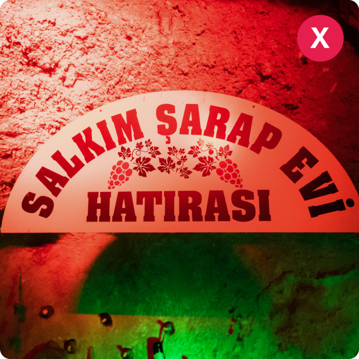 Une enseigne bien éclairée avec des motifs de vigne, accrochée à un mur recouvert de crépi auquel la lumière donne des tons rouge et vert.