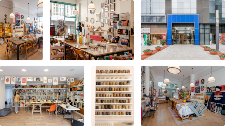 Collage d'espaces d'atelier montrant des configurations créatives, notamment des étagères de poterie, des studios d'art et des tables de travail avec des créations artisanales, mettant en valeur les expériences manuelles locales.