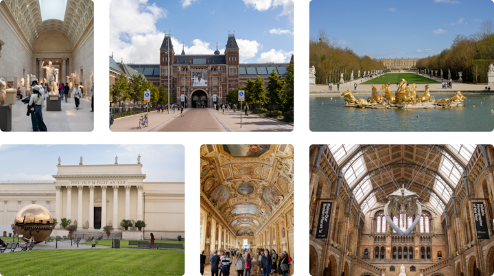 Six images mettant en valeur des musées célèbres : une galerie d'art avec des visiteurs sous des plafonds voûtés, l'entrée en briques emblématique du Rijksmuseum, la fontaine dorée d'Apollon au château de Versailles, la façade d'un musée néoclassique avec une sculpture en bronze représentant un globe, une galerie somptueuse au Vatican et le grand hall du Musée d'histoire naturelle de Londres.
