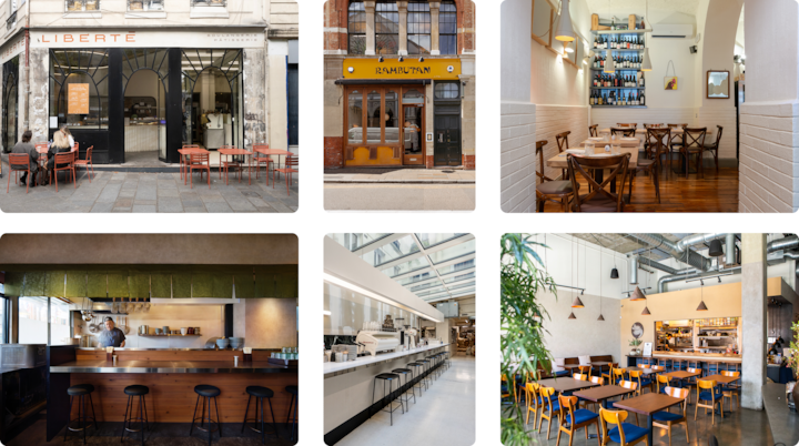 Une grille de six intérieurs et extérieurs de restaurants visuellement distincts, comprenant des tables chaleureuses, un décor dynamique et des aménagements élégants qui reflètent la culture culinaire locale.