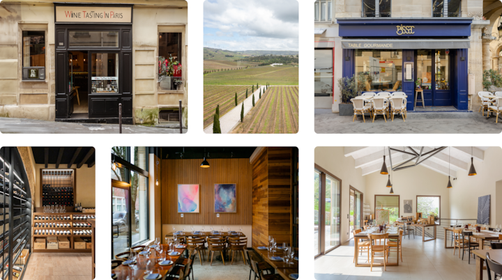 Montage de six images illustrant des expériences de dégustation : un magasin de dégustation de vin à Paris, un vignoble pittoresque sous un ciel nuageux, un restaurant gastronomique à la façade bleue avec des tables en terrasse, une cave à vin aux bouteilles soigneusement rangées, un restaurant cosy à la décoration en bois et au mur orné de tableaux colorés, et un espace de restauration lumineux avec de grandes fenêtres donnant sur la verdure.