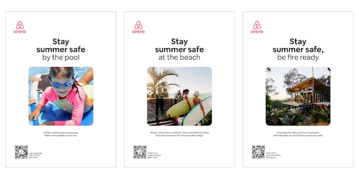 Tres carteles que promocionan la seguridad en verano: uno muestra a un niño en traje de baño junto a una piscina, otro a surfistas que llevan tablas en una playa y el tercero una casa rodeada de árboles con consejos para prevenir incendios.