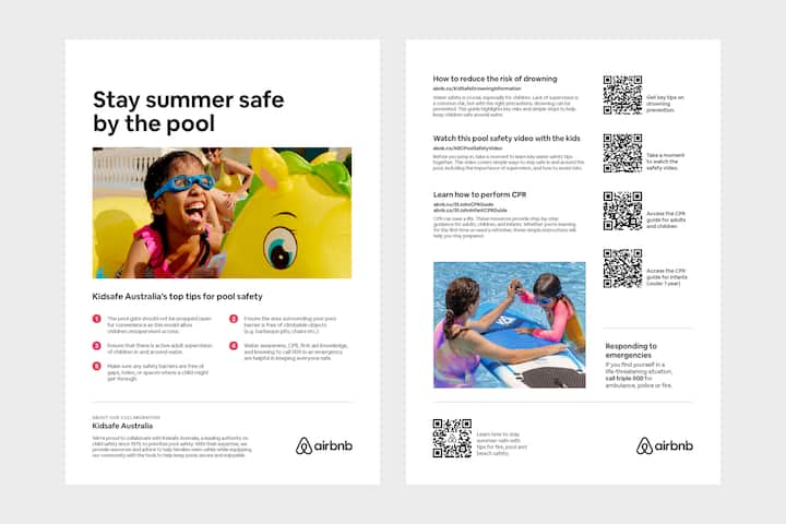 Una colorida escena junto a una piscina con un juguete hinchable amarillo y un texto que fomenta las prácticas seguras en verano junto a la piscina, incluidos los recursos de Kidsafe Australia.