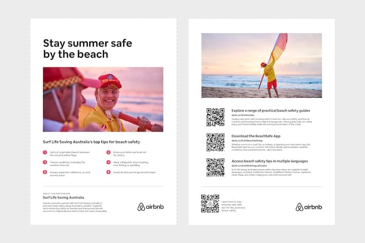 Two pages promoting beach safety resources, featuring Surf Life Saving Australia's tips for safe beach visits, a lifeguard on the beach at sunset, and QR codes linking to safety guides and tools.