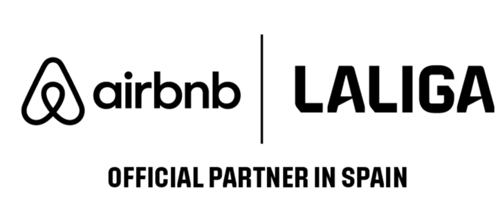 Black-and-white illustration of football players in action, showing dynamic movement and teamwork, with the Airbnb and La Liga logos above.