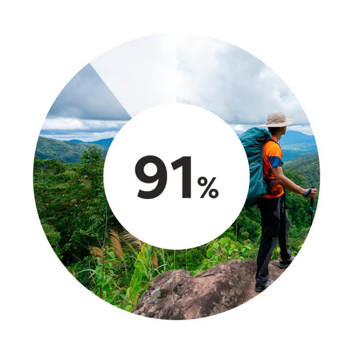 A hiker wearing an orange and blue outfit with a large backpack stands on a rock overlooking a lush green forest and distant mountains, with '91%' displayed in bold text overlaying the image.