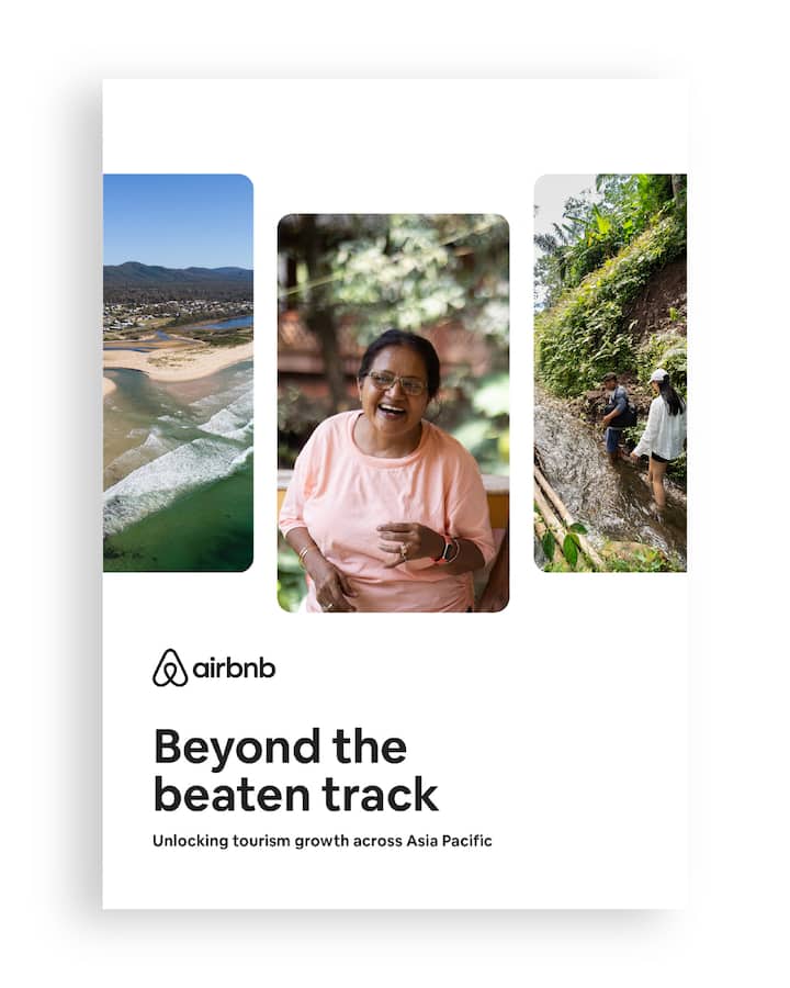 Three-panel image highlighting regional tourism: a coastal view with sandy shores and waves, a person in a rural setting, and travelers walking along a forest trail. Text reads: 'Beyond the beaten track - Unlocking tourism growth across Asia Pacific.'