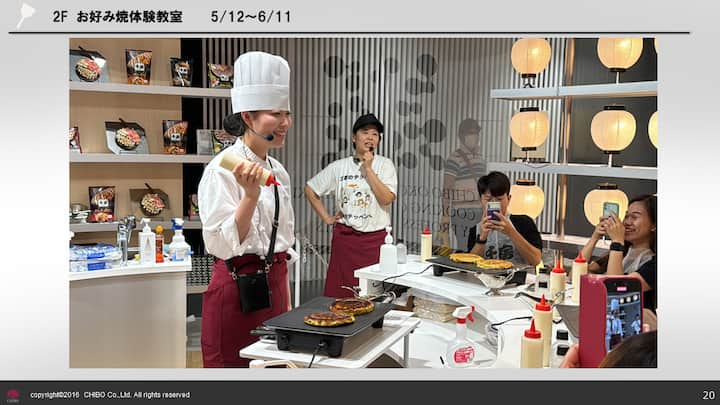 A cooking class showcasing okonomiyaki preparation, with a chef standing at the front holding a spatula, surrounded by participants seated at tables with cooking equipment and toppings.