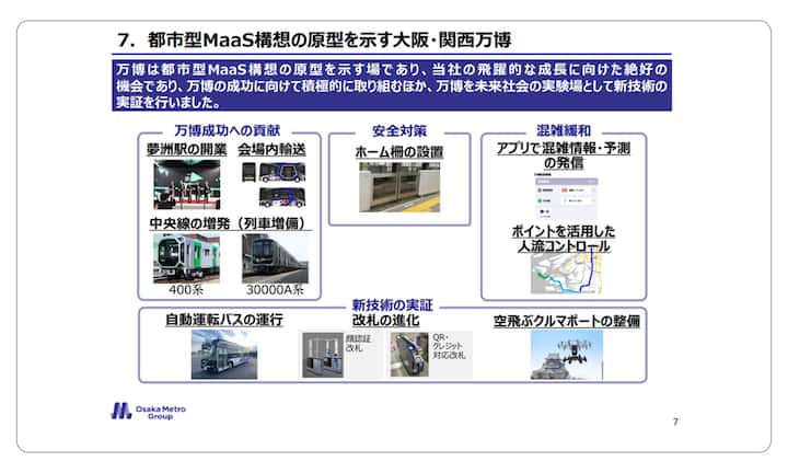 Infographic showing the urban MaaS concept model for Osaka and Kansai Expo, with sections on contributions to success, safety measures, congestion mitigation, new technology implementation, and improved transportation solutions.