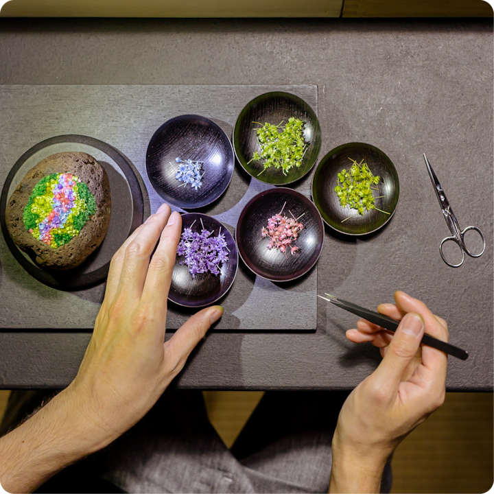 Une paire de mains arrangeant des fleurs séchées colorées avec des pincettes sur une table, à côté de bols remplis de fragments de plantes violets, roses, bleus et verts sur des coupelles foncées.