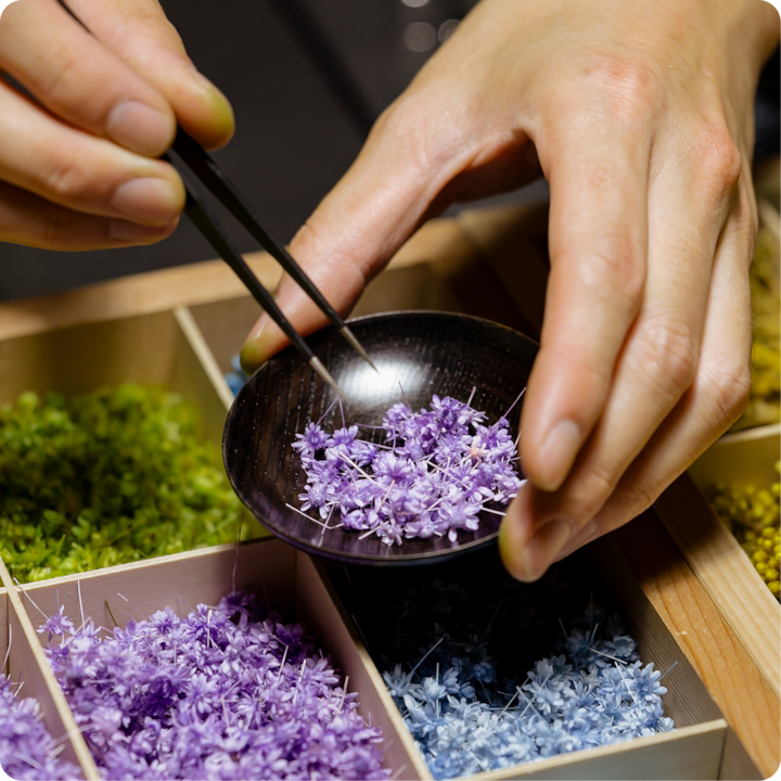 Des mains tenant des pincettes placent soigneusement des fleurs violettes dans un bol, avec des fleurs vertes, bleues et jaunes visibles dans des boîtes à proximité.